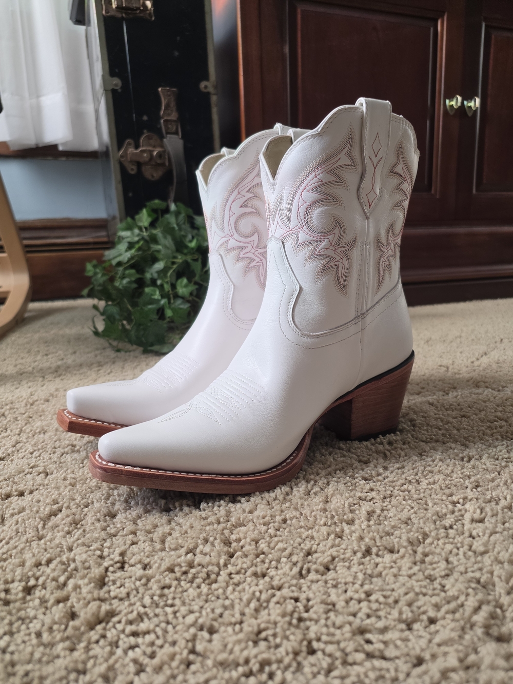 Durango White Western Ankle Boots with Red Stitching